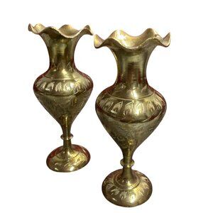 Vintage Fluted Ruffle Etched Floral Leaf Pattern Small Brass Vase Lot of 2